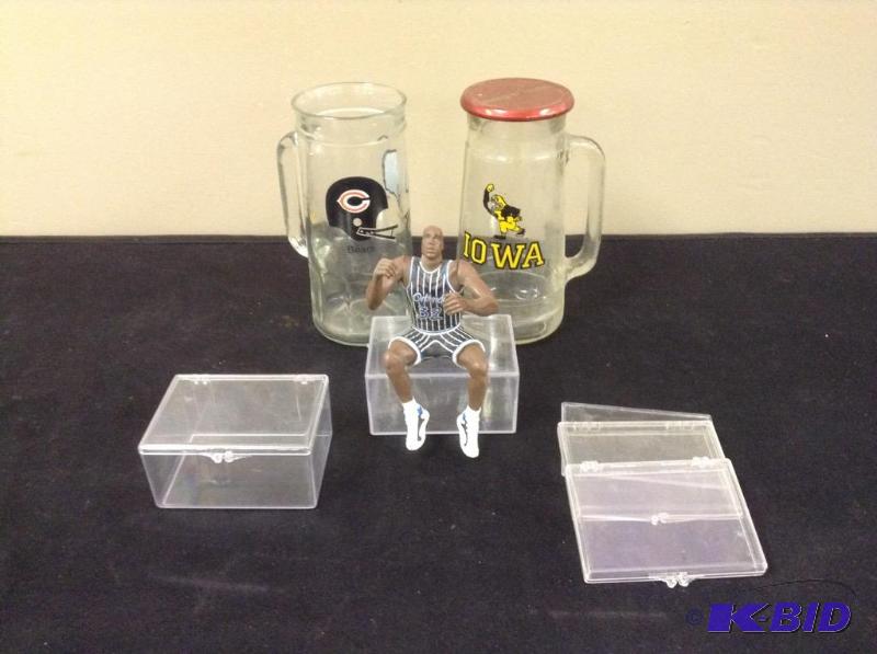 Sports Lot with Empty Card Case a Couple of Glass Mugs and NBA ONeal Action Figure