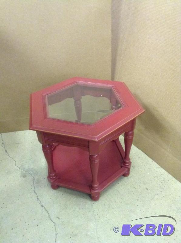 Red Painted and Glass Hexagonal Accent Table
