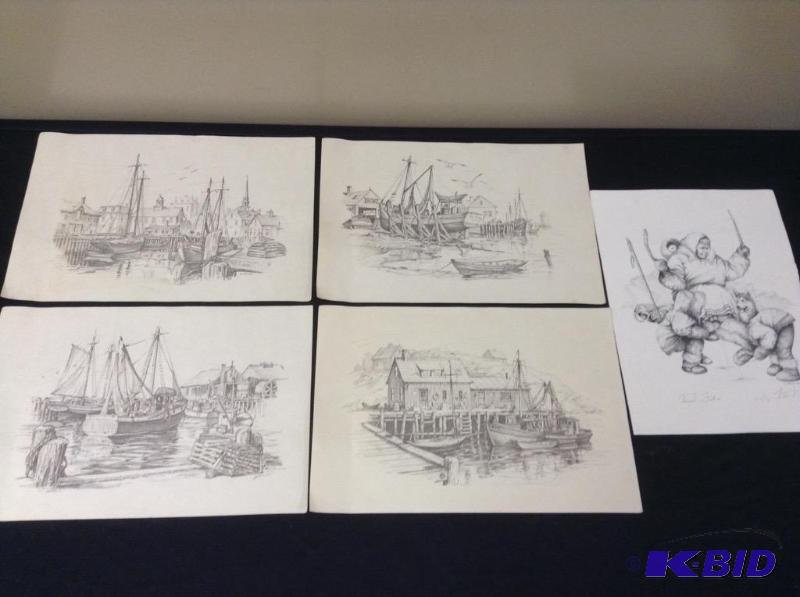 lot 132 image: Five Signed Pencil Sketch Prints