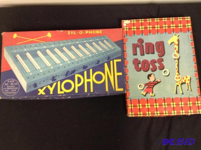 lot 25 image: Two Excellent Vintage Toys Xylophone with Glass Tube and Complete Ring Toss Game