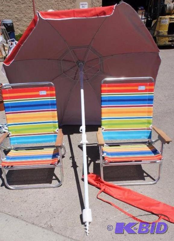 New Rio Striped Beach Chairs and Red Umbrella...