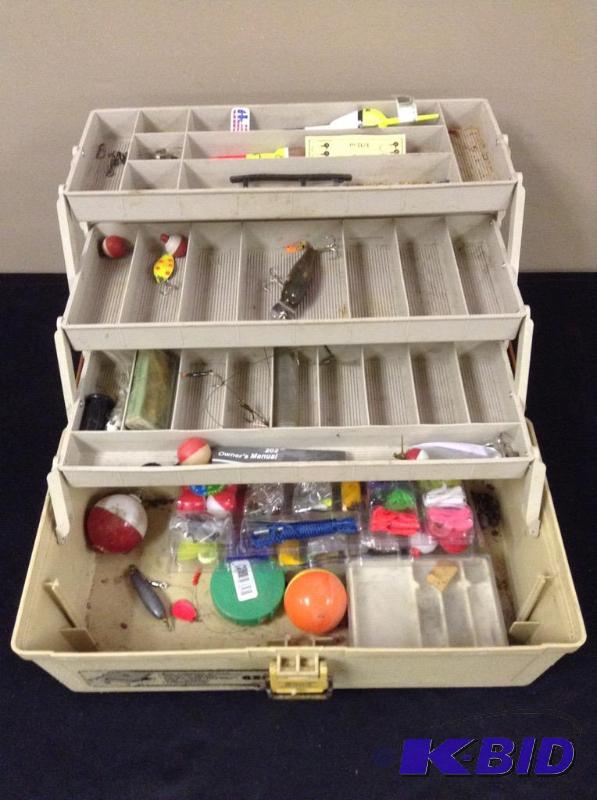 lot 135 image: Plastic Tiered Fishing Tackle Box with Contents