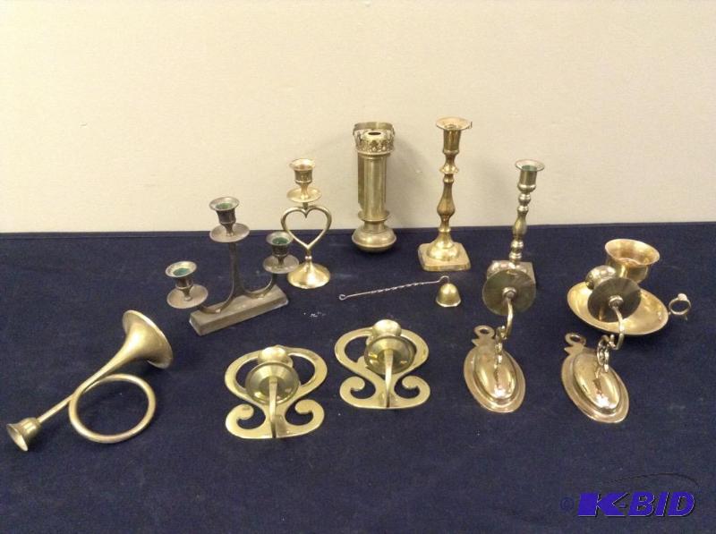 lot 16 image: Large Assortment of Brass Candle Holders