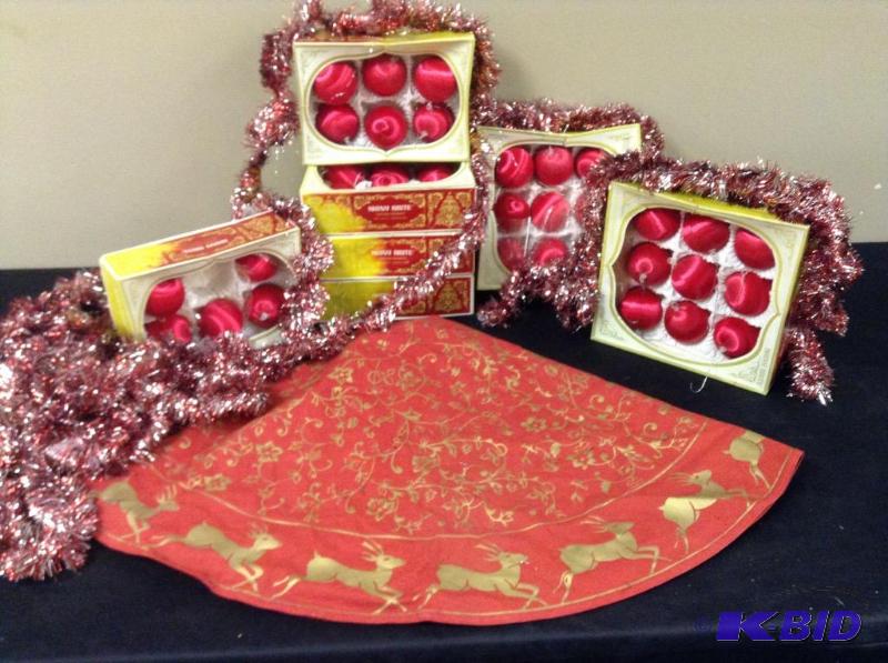 lot 85 image: Christmas Lot with 47 Satin Ornaments, Tinsel and a Tree Skirt