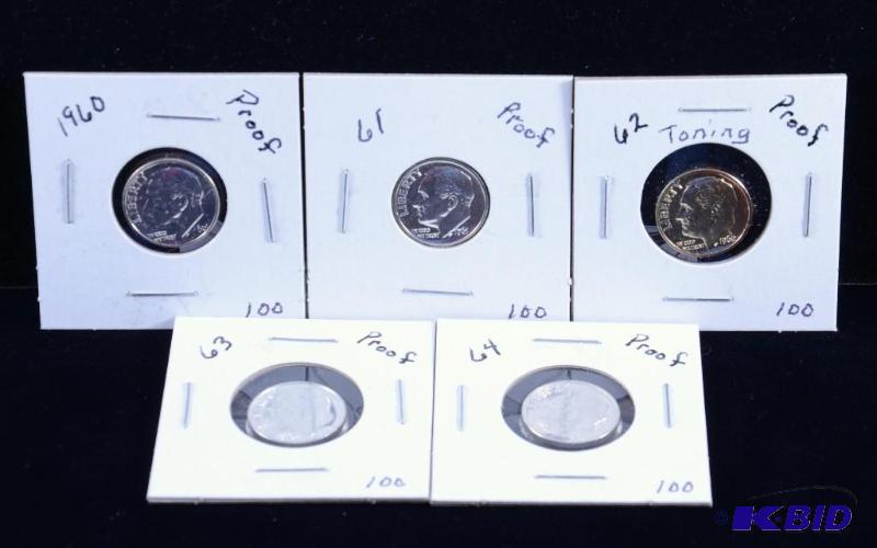 5 Gem Proof  Silver Roosevelt Dimes 1960,61,62, 63 & 64 (toning on 62)