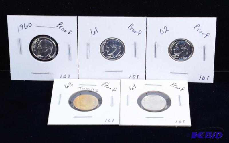 5 Gem Proof  Silver Roosevelt Dimes 1960,61,62, 63 & 64 (toning on 63)