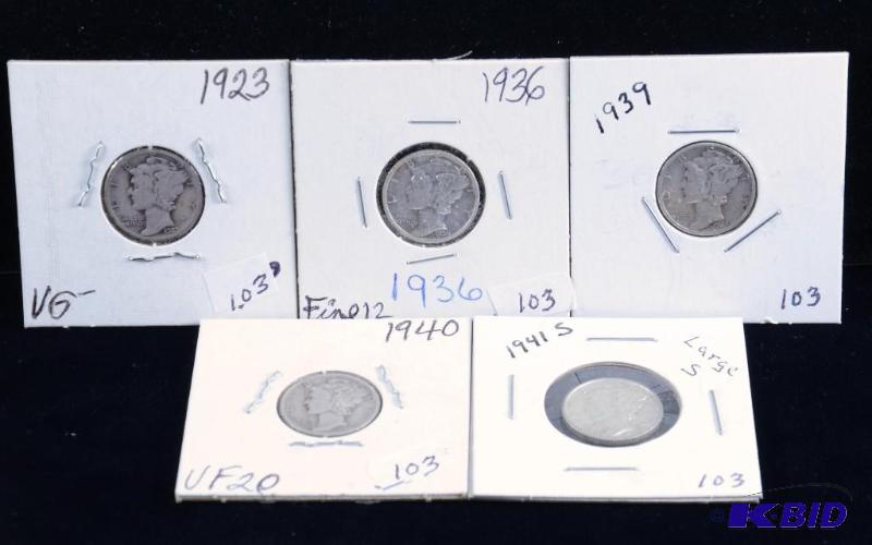 5 -Coin Lot Mercury Silver Dime,1923, 36, 39, 40 & 41s