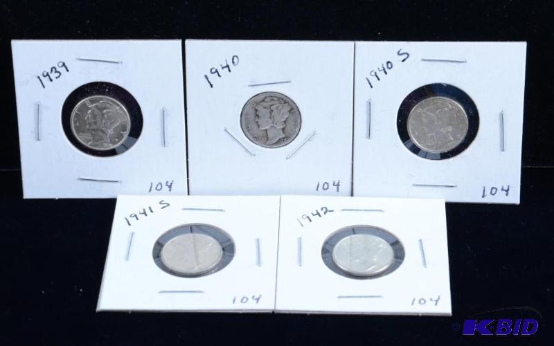 5 -Coin Lot Mercury Silver Dime, 1939, 40, 40s, 41s & 42