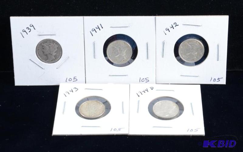 5 -Coin Lot Mercury Silver Dime, 1939, 41, 42, 43 & 44d
