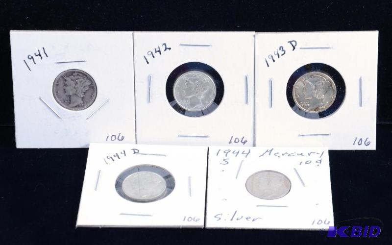 5 -Coin Lot Mercury Silver Dime, 1941, 42, 43d, 44d & 44s