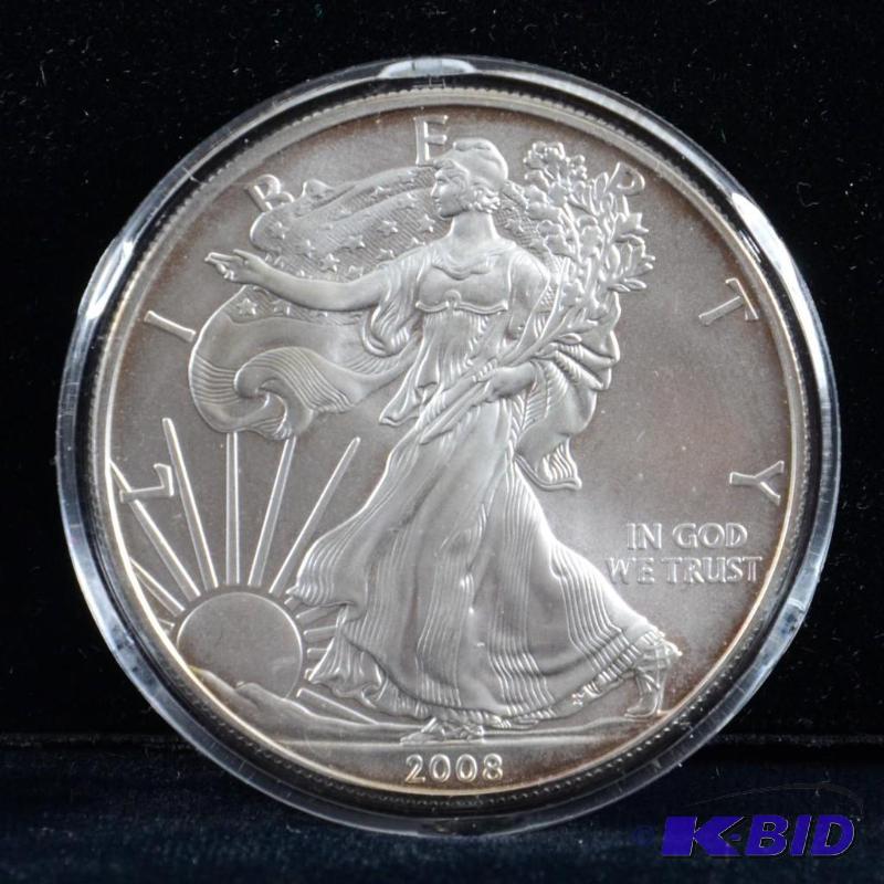 2008 Silver American Eagle Bullion Coin BU 1 Troy Oz. (light toning on the reed)
