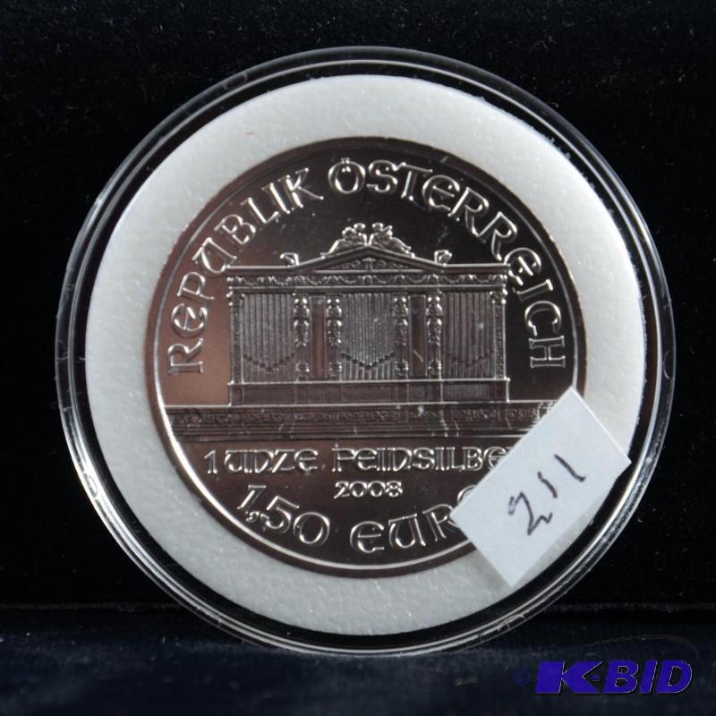 2008 Austria Vienna Philharmonic 1.5 Euro 1 Oz .999 Silver Coin