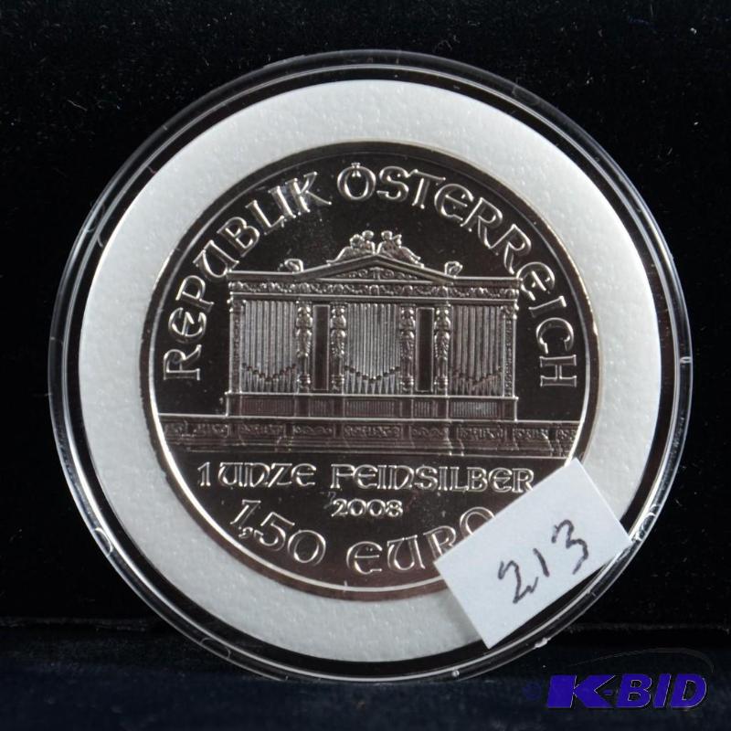2008 Austria Vienna Philharmonic 1.5 Euro 1 Oz .999 Silver Coin