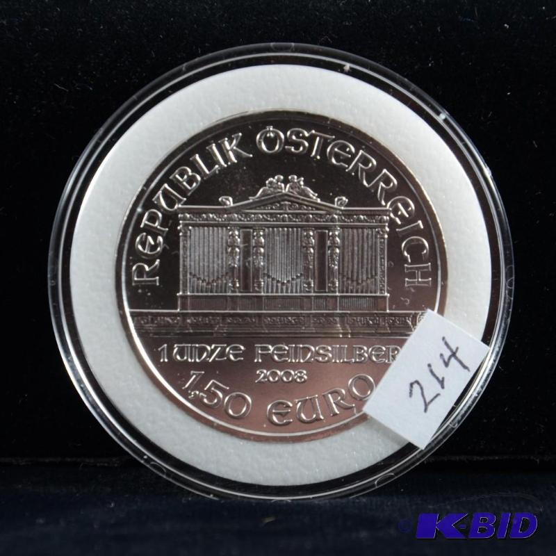 2008 Austria Vienna Philharmonic 1.5 Euro 1 Oz .999 Silver Coin
