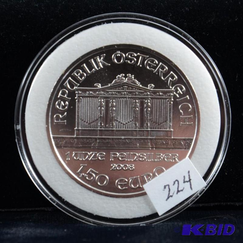 2008 Austria Vienna Philharmonic 1.5 Euro 1 Oz .999 Silver Coin