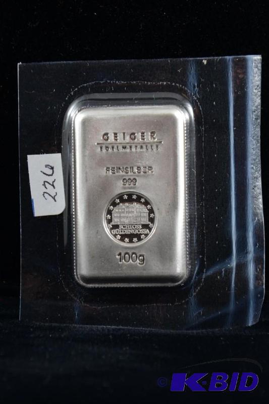 100 Gram Germany Geiger Security Line Silver Bar ( 3.25 troy oz.)