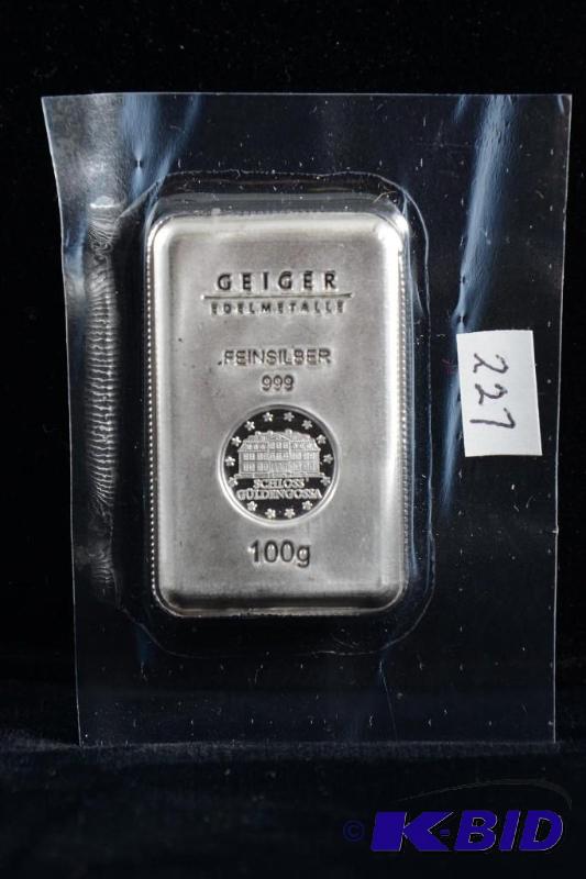 100 Gram Germany Geiger Security Line Silver Bar ( 3.25 troy oz.)