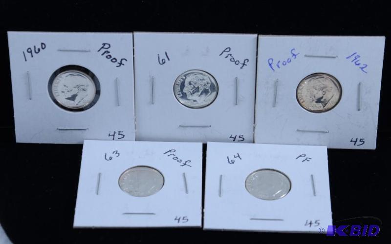 5 Gem Proof  Silver Roosevelt Dimes 1960,61,62, 63 & 64 (toning on 62)