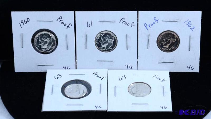 5 Proof Gem Silver Roosevelt Dimes 1960,61,62, 63 & 64 (toning on 62)