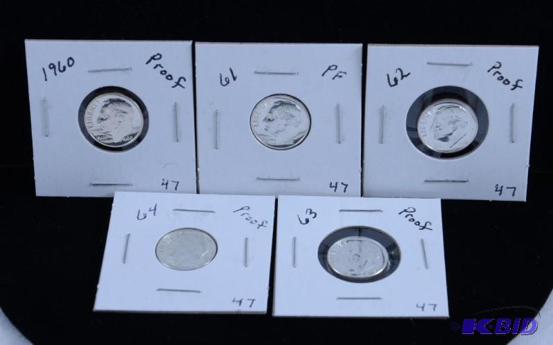 5 Proof Gem Silver Roosevelt Dimes 1960,61,62, 63 & 64