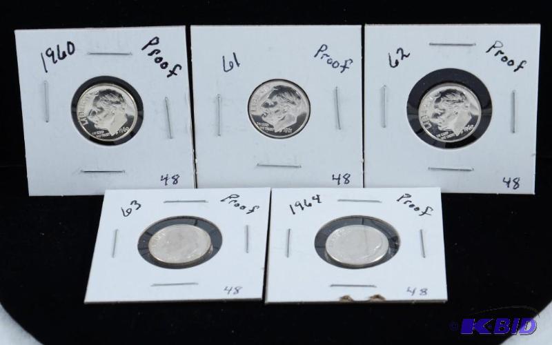 5 Proof Gem Silver Roosevelt Dimes 1960,61,62, 63 & 64 (toning on 63)