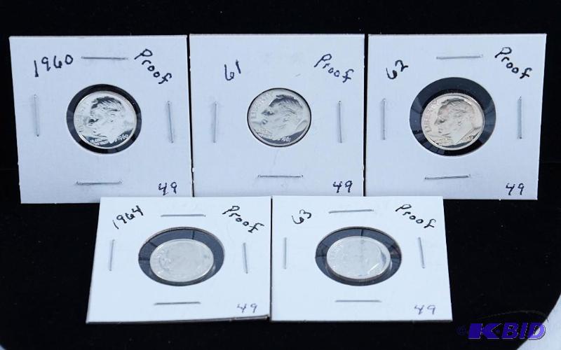 5 Proof Gem Silver Roosevelt Dimes 1960,61,62, 63 & 64 (toning on 62)