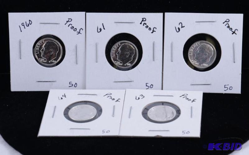 5 Proof Gem Silver Roosevelt Dimes 1960,61,62, 63 & 64