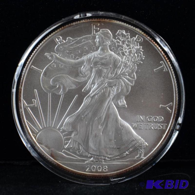 2008 Silver American Eagle Bullion Coin BU 1 Troy Oz. (light toning on the reed)