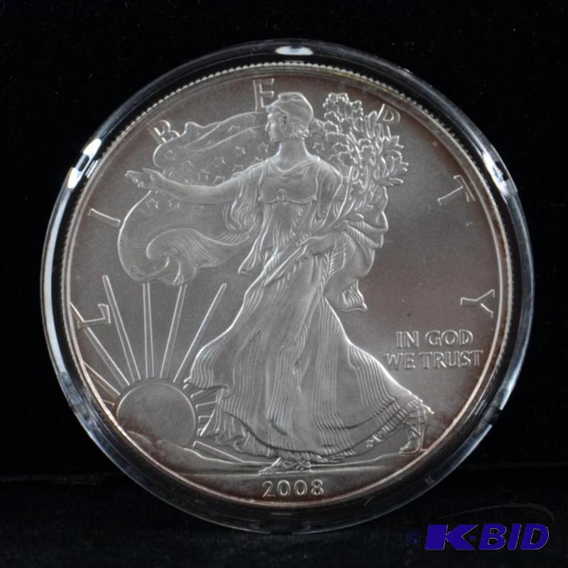 2008 Silver American Eagle Bullion Coin BU 1 Troy Oz. (light toning on the reed)