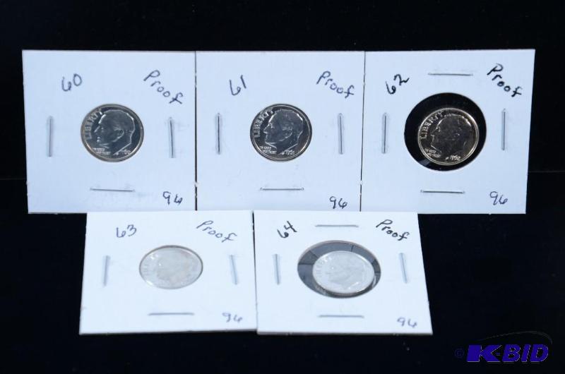 5 Gem Proof  Silver Roosevelt Dimes 1960,61,62, 63 & 64 (toning on 62)