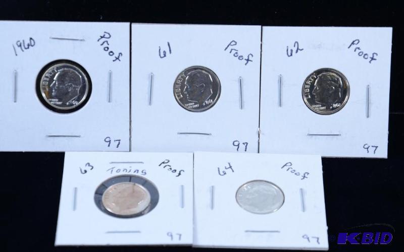 5 Gem Proof  Silver Roosevelt Dimes 1960,61,62, 63 & 64 ((toning on 63)