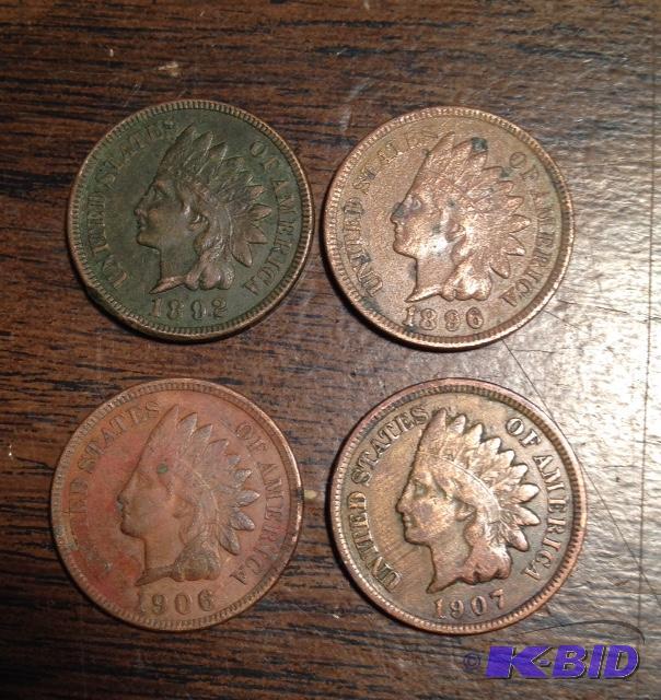1 Lot of 4 Indian Head Cents with Full Libertys 1892, 1896, 1906, 1907 Nice Group