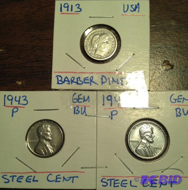 A trio of vintage a 1913 Barber Dime and (2 )1943-P Steel Cents in BU.