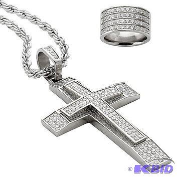 New Mens Stainless Steel Crystal Cross Pendan...