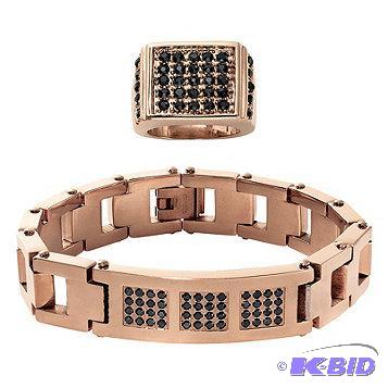 New Mens Rosetone Black Crystal Bracelet &am...