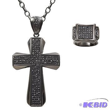 New Mens Black Stainless Steel CZ Cross &amp...