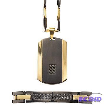 New Mens Goldtone &amp Black Plated Pendant...
