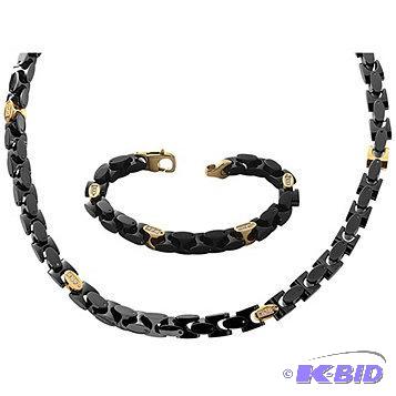 New Mens BlackGoldtone Steel CZ Necklace &am...