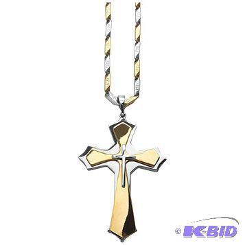 New Mens Two-Tone Stainless Steel Cross Penda...