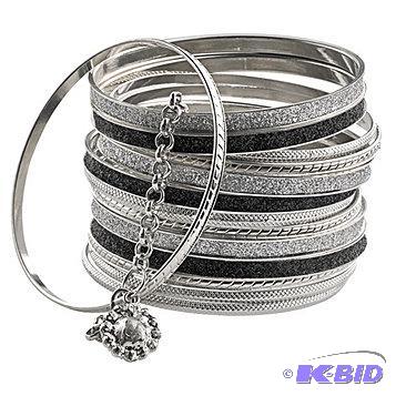 New Silvertone &amp Black Stackable Bangle S...