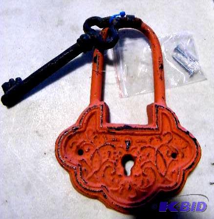 Rustic Orange Cast Iron Key and Lock Wall Han...