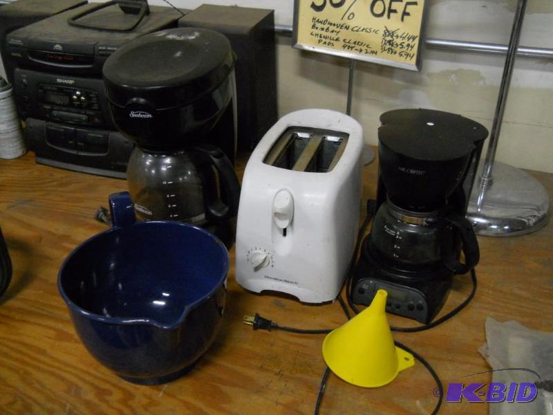 lot 26 image: 2 Coffee Makers, Funnel, Bowl and Toaster