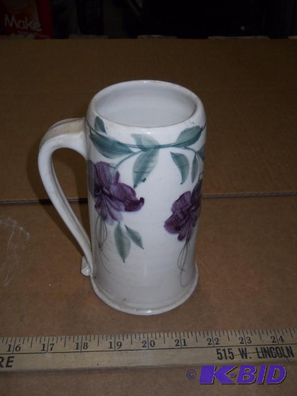lot 37 image: Clay  Pottery Mug. Painted With Flowers.