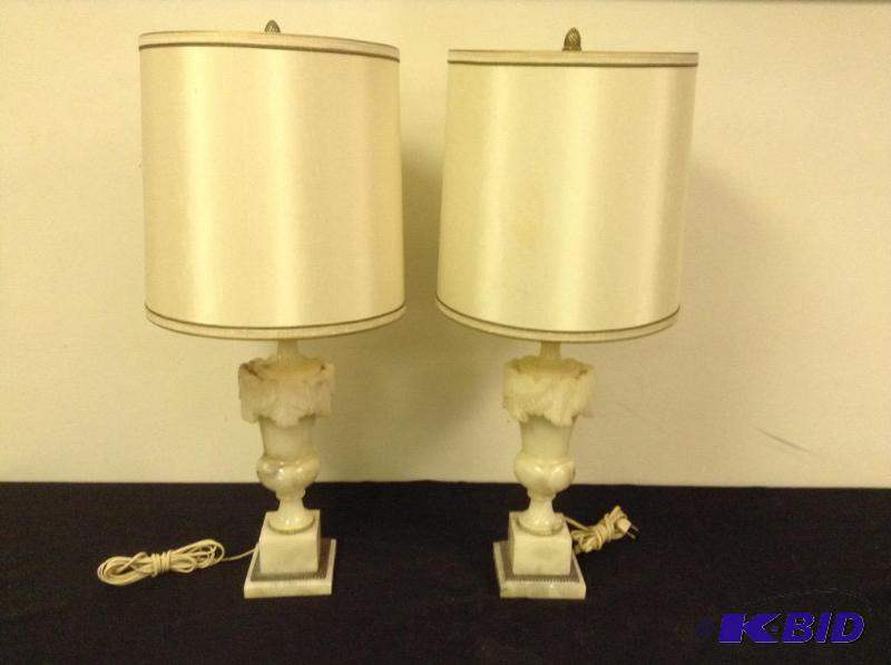 lot 13 image: Pair of Carved Stone Lamps with Shades