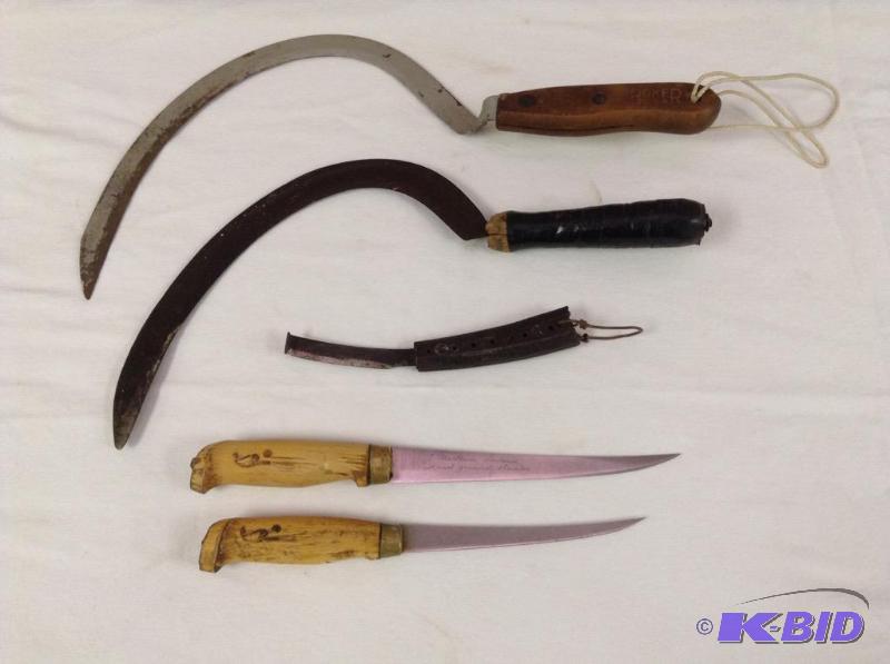 lot 64 image: Lot of Vintage Scythes and Rapala Filet Knives