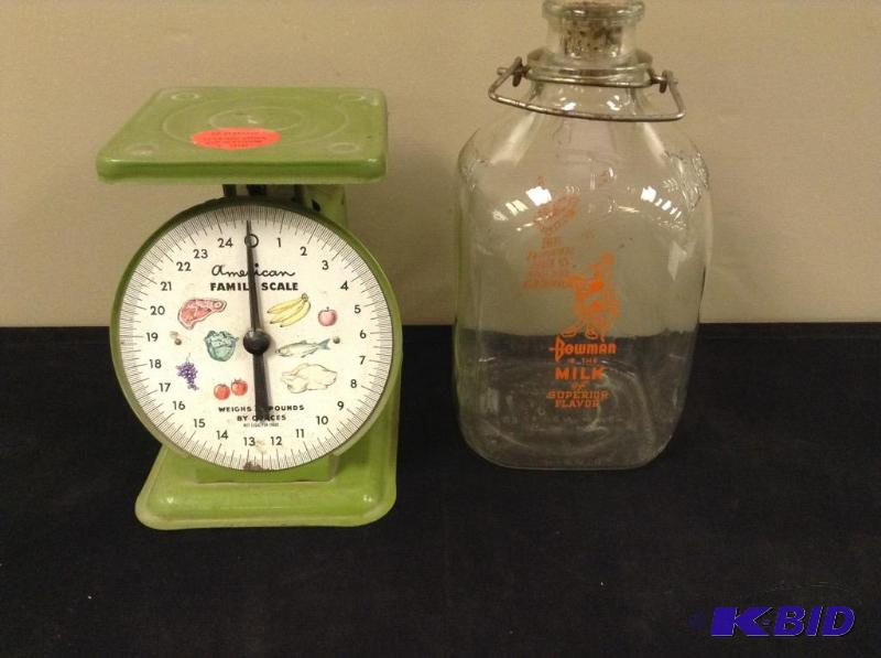 lot 72 image: Vintage Family Scale and Glass Milk Bottle