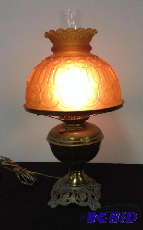 lot 8 image: Small Electric Parlor Lamp with Amber Glass Shade