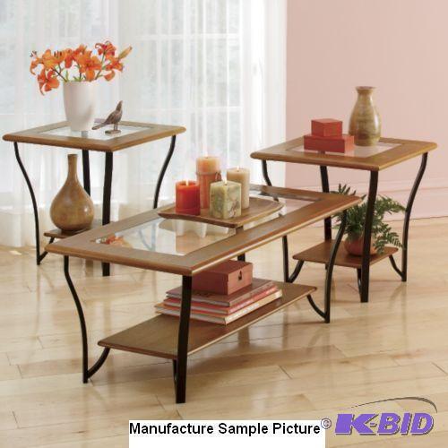 Three Piece Oak Finish Table Set - Curved met...