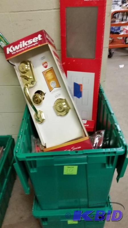 Large Green Storage Bin of  entry and passage knob sets, dead bolts. etc