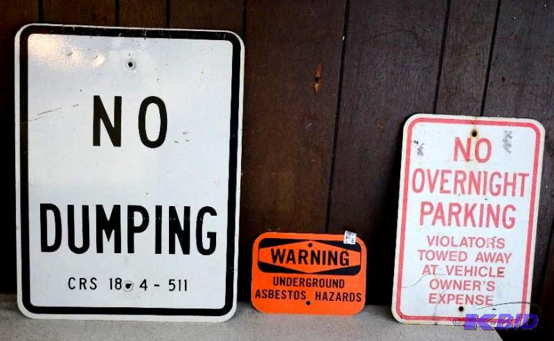Three metal signs- No Overnight Parking, No D...